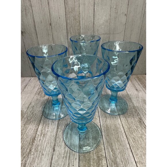 Vtg EAPG Bryce Brothers Style Water Goblet Diamond Quilted Aqua Blue 4" Set 4 - Picture 2 of 10